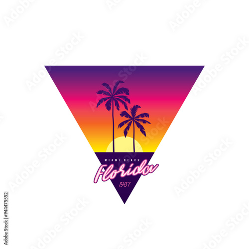 Original vector retro print isolated on white background. Palm trees on sunset background. T-shirt design.