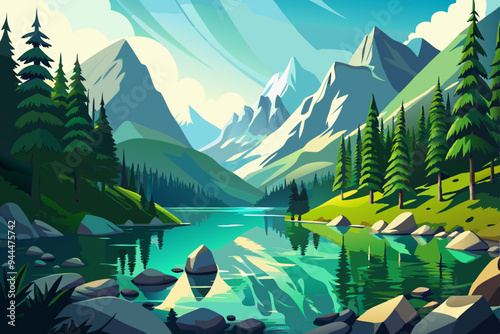 A beautiful scene of a lush, green alpine lake with a rocky shore, surrounded by towering peaks and dense pine forests under a clear, bright sky.
