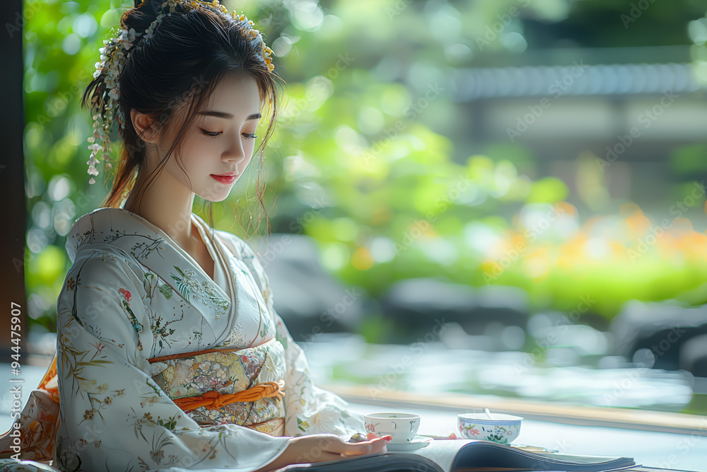A woman in a traditional kimono participating in a tea ceremony in a Japanese garden, emphasizing the elegance and serenity of Japanese customs. Concept of cultural ritual.