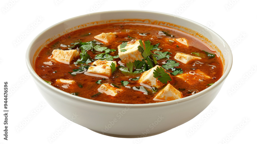 Delicious indian paneer curry topped with fragrant cilantro, served in a white bowl against a clear backdrop, ideal for cooking projects Delicious indian paneer curry topped with fragrant cilantro, served in a white bowl against a clear backdrop, ideal for cooking projects
