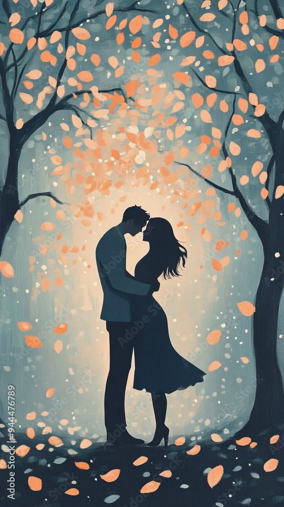 Atmospheric autumn illustration with silhouette of couple in love Atmospheric autumn illustration with silhouette of couple in love