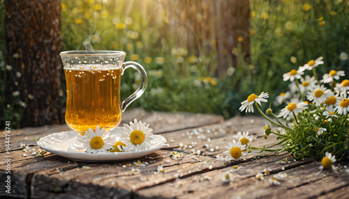 A Cup of Chamomile Tea in a Flowery Garden