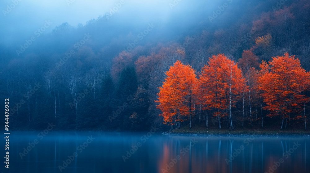 Landscape with autumn trees and fog over water Landscape with autumn trees and fog over water