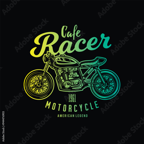 Cafe racer custom motorcycle. Original vector illustration in vintage style isolated on black background. T-shirt design. photo