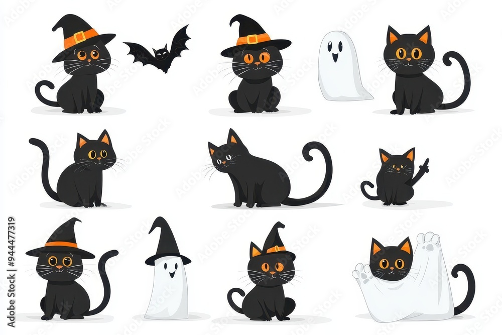 Various cute black cats and spooky elements in a whimsical Halloween-themed illustration Various cute black cats and spooky elements in a whimsical Halloween-themed illustration