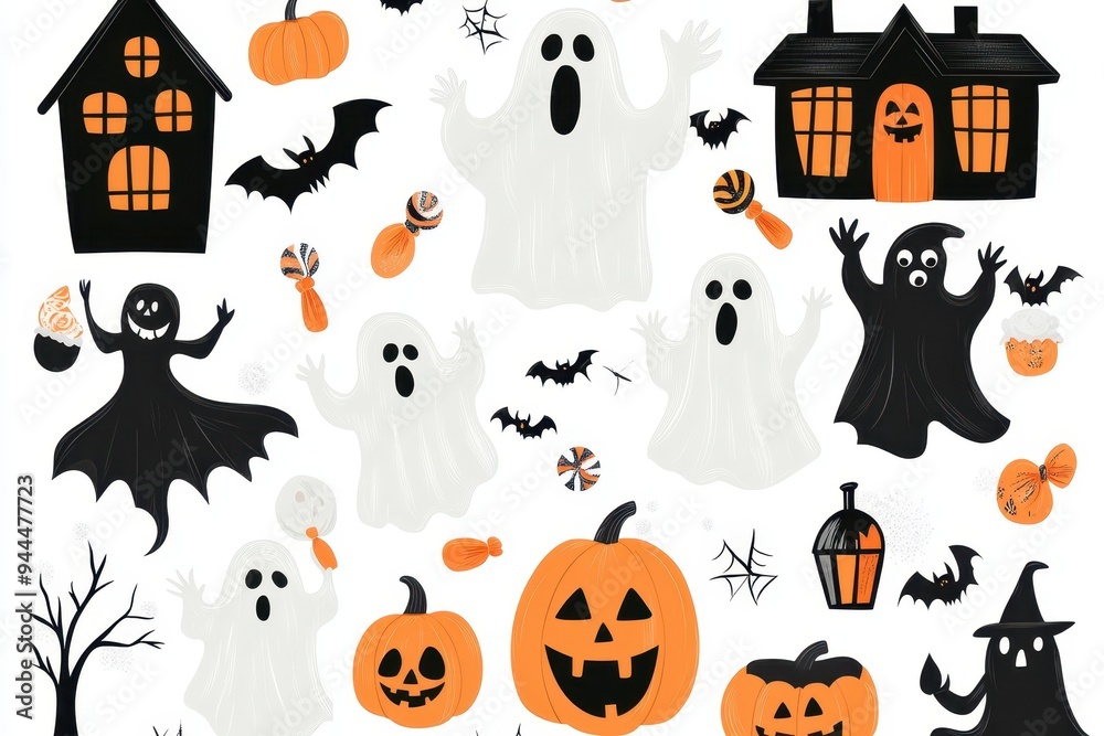 Obraz premium Colorful Halloween decorations featuring ghosts, pumpkins, bats, and haunted houses for festive celebrations