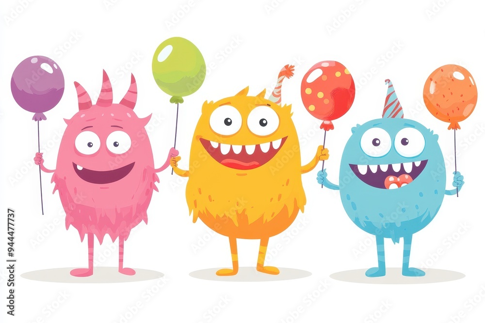 Fototapeta premium Colorful cartoon monsters celebrating a birthday party with balloons and party hats in a joyful atmosphere