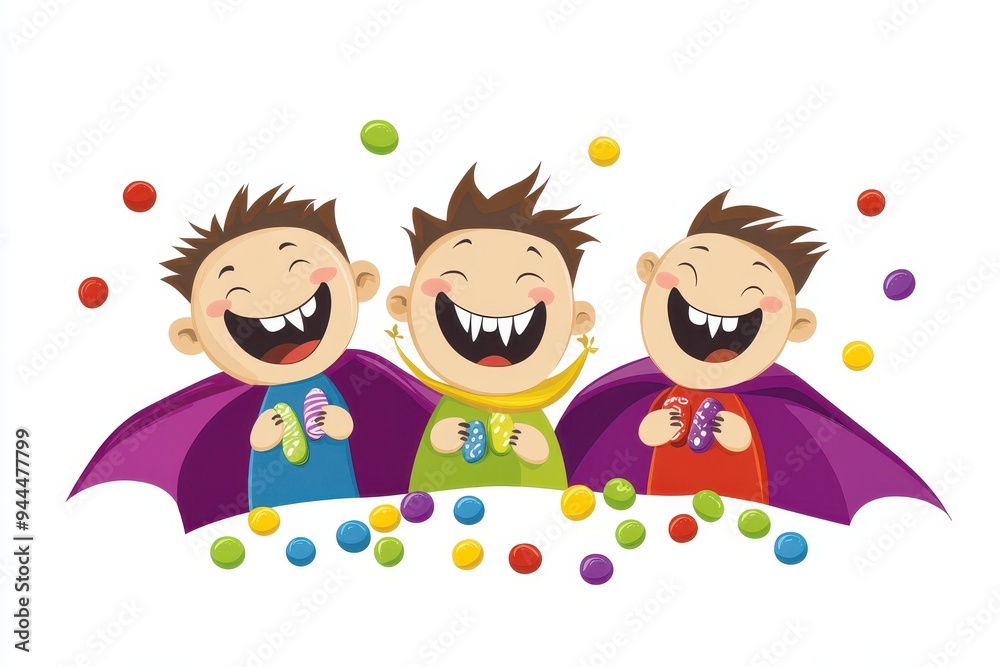 Three joyful boys in colorful capes holding candy during a festive celebration at a party Three joyful boys in colorful capes holding candy during a festive celebration at a party