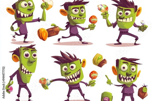 Colorful cartoon monster joyfully juggling various candies in a playful, vibrant setting