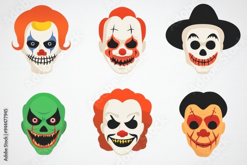 Colorful collection of cartoon Halloween masks featuring clowns, skeletons, and monsters arranged on a white background