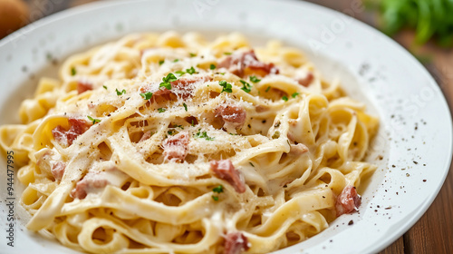 Italian cuisine, pasta alla Carbonara with herbs, spaghetti with creamy carbonara sauce with ham and Italian style bacon. AI generation