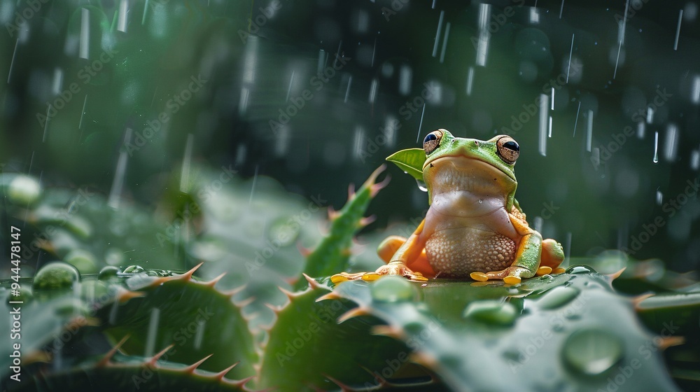Fototapeta premium A small tree frog sits on the edge of an aloe leaf in the rain, holding a green leaf above itsphotography, green background, rainy day, raindrops, rainwater drops, rainforest environment, rain and fog
