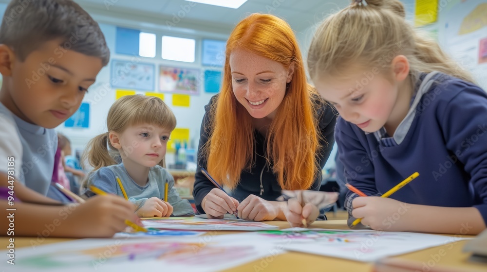 Fototapeta premium Children engage in creative drawing activities under the guidance of a teacher in a bright classroom setting