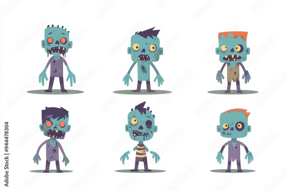Cartoon zombies with different expressions and styles, designed for a colorful animated scene Cartoon zombies with different expressions and styles, designed for a colorful animated scene