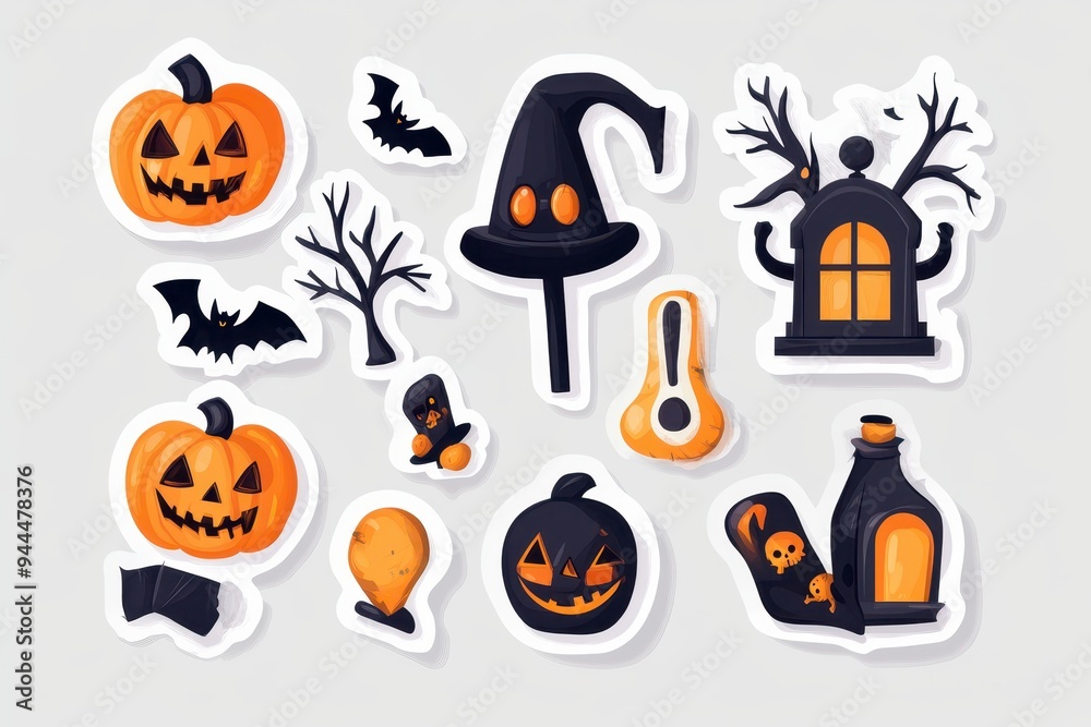 Fun Halloween-themed stickers featuring pumpkins, bats, and spooky decorations for festive crafts Fun Halloween-themed stickers featuring pumpkins, bats, and spooky decorations for festive crafts
