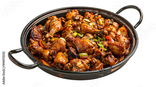 Mouth-watering indian chicken dish garnished with green onions, served in a black bowl on a transparent background, perfect for culinary presentations