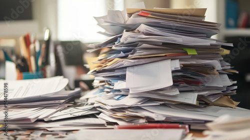 Stacked Papers and Documents on a Cluttered Office Desk