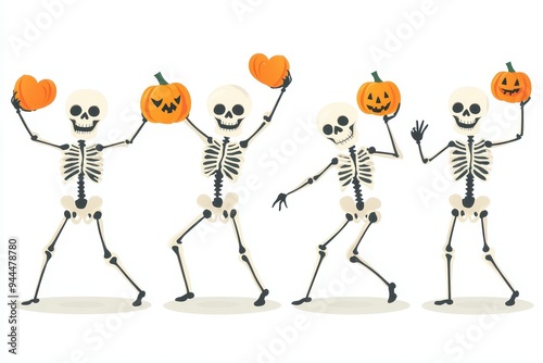 Colorful dancing skeletons celebrate Halloween with smiling pumpkins in a festive autumn setting photo