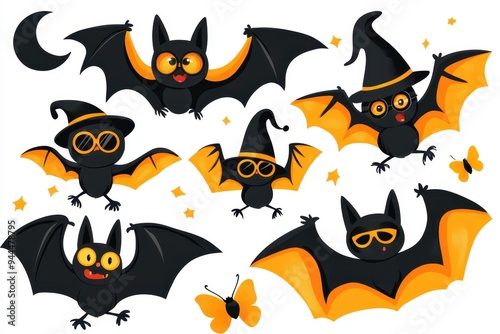 Whimsical cartoon bats in witch hats and sunglasses celebrating a festive night with butterflies photo