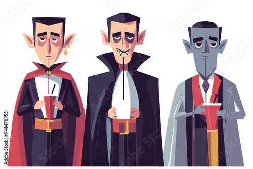 Three cartoon vampires in various poses, showcasing unique styles and expressions at a spooky gathering