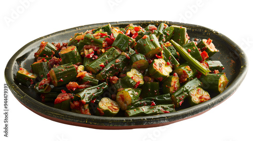 Colorful indian okra dish with sliced okra and spices, set against a clear background for various food design purposes photo