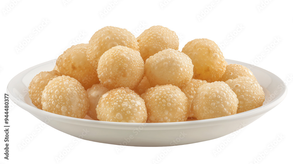 Plate of crispy, golden indian pani puri, arranged beautifully on a white plate, isolated on a transparent background Plate of crispy, golden indian pani puri, arranged beautifully on a white plate, isolated on a transparent background