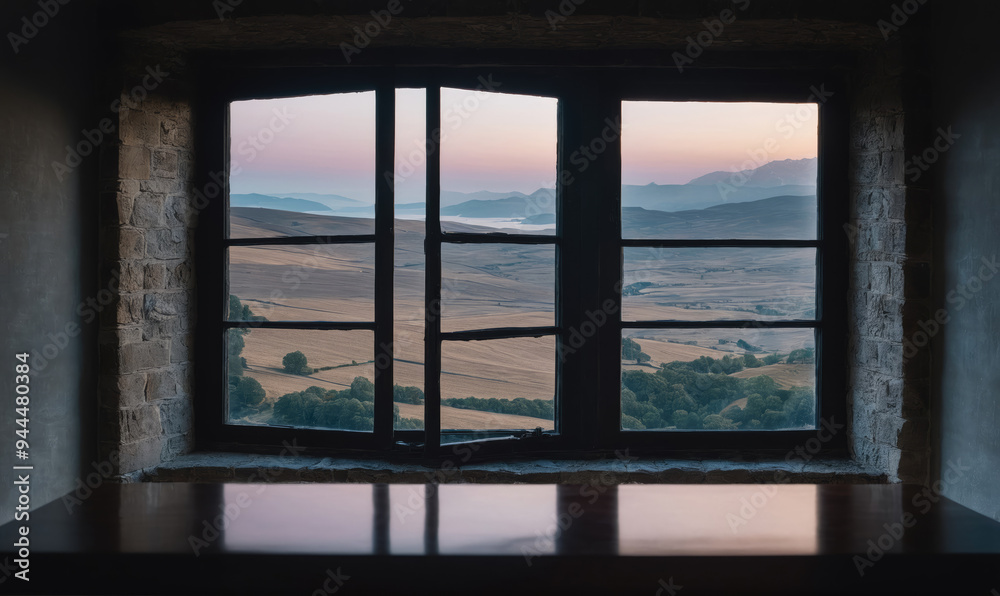 A window overlooking a rolling landscape, with a misty horizon in the distance A window overlooking a rolling landscape, with a misty horizon in the distance