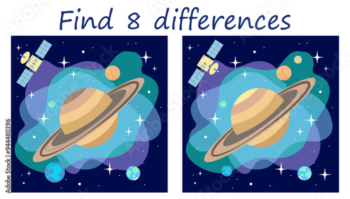 Logic puzzle game. Find 8 differences. Saturn with its moons, stars, planets and spacecraft. Space vector illustration for children's development.