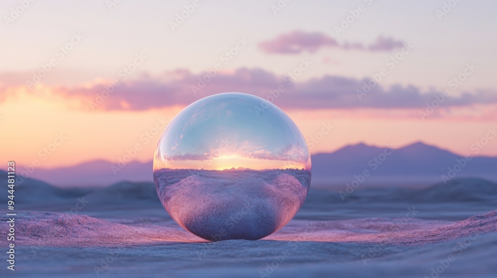 A large, clear sphere sits on a sandy beach at sunset A large, clear sphere sits on a sandy beach at sunset