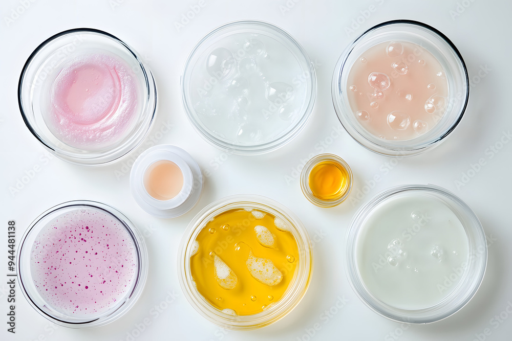 Petri dishes with different cosmetic products on white background, flat lay Petri dishes with different cosmetic products on white background, flat lay
