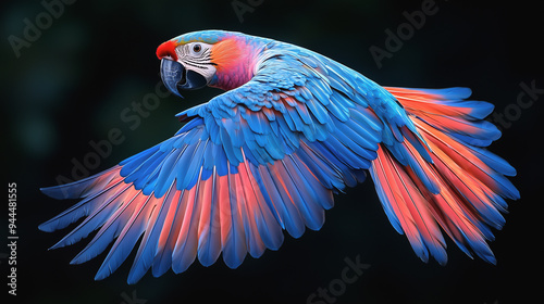 Vibrant macaw parrot in flight with colorful wings spread wide photo