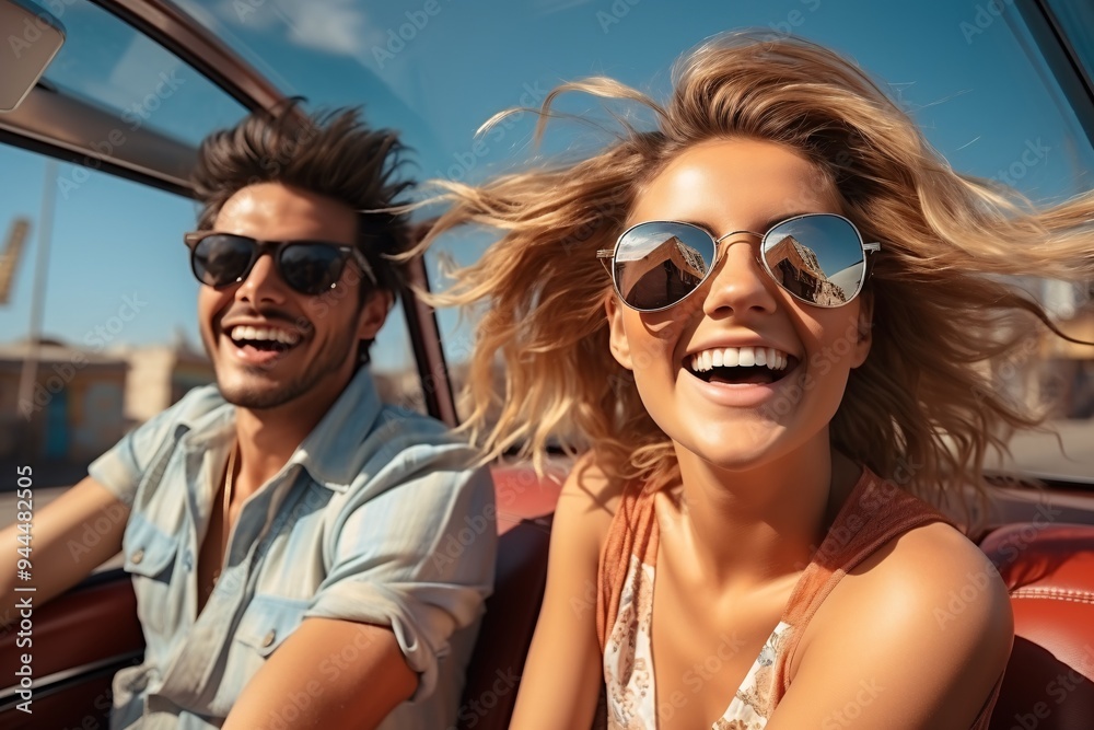 Happy young couple driving in convertible car on road trip. Man and woman laughing and having fun together. Beautiful young woman with flying hair in the air.
Happy young couple driving in convertible car on road trip. Man and woman laughing and having fun together. Beautiful young woman with flying hair in the air.