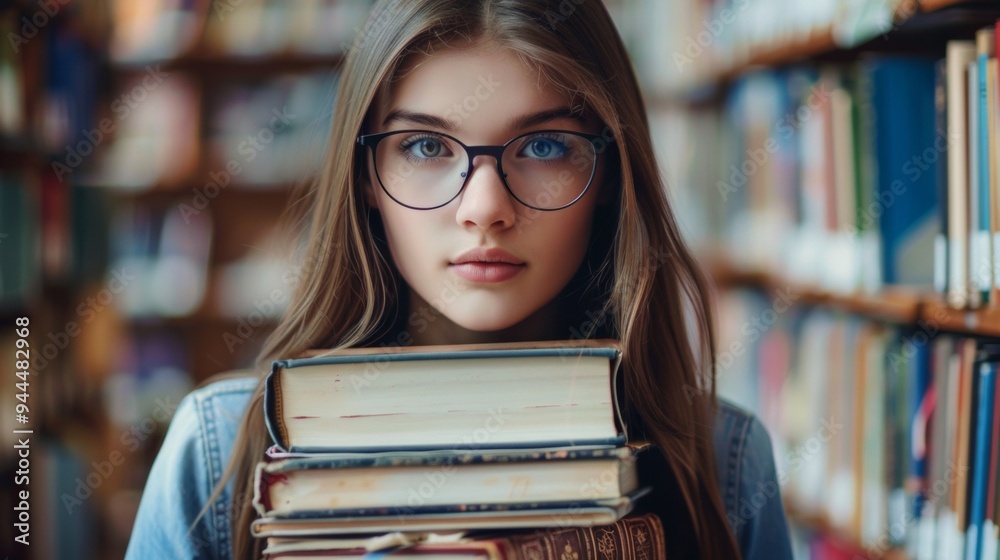 beautiful young girl with glasses holding some books in a library beautiful young girl with glasses holding some books in a library