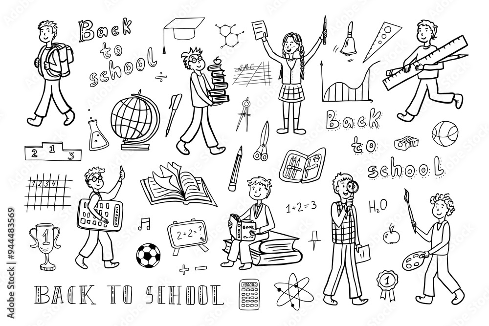 Obraz premium Large set of school icons. Back to school. Education. School students. Doodle style. Great for textile fabric design, wrapping paper, banner, posters, cards, stickers, professional design.
