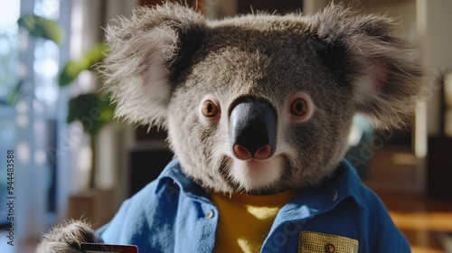 A koala in a blue shirt holds a credit card while sitting in a cozy living room during the afternoon photo