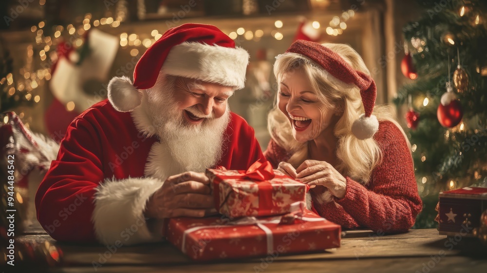 Santa Claus and a joyful woman exchanging Christmas gifts by a festive tree bringing holiday cheer and warmth to the cozy, decorated room filled with lights and ornaments Santa Claus and a joyful woman exchanging Christmas gifts by a festive tree bringing holiday cheer and warmth to the cozy, decorated room filled with lights and ornaments