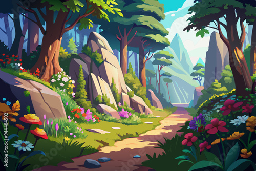 A picturesque forest trail teeming with vibrant greenery and colorful flowers, set against rugged cliffs and dappled sunlight, creates a tranquil and inviting atmosphere.
