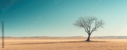 Solitary tree standing in a vast barren landscape under a clear blue sky, symbolizing isolation, resilience, and the beauty of simplicity. Ideal for minimalist and nature-themed projects.