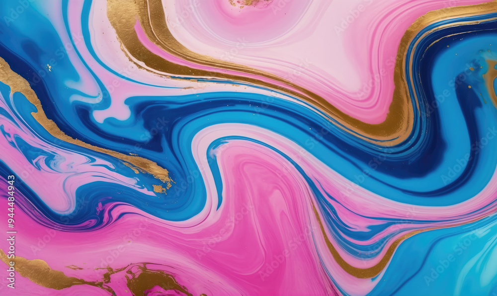 Fototapeta premium Pink, blue, and gold paint swirl together in a mesmerizing abstract design
