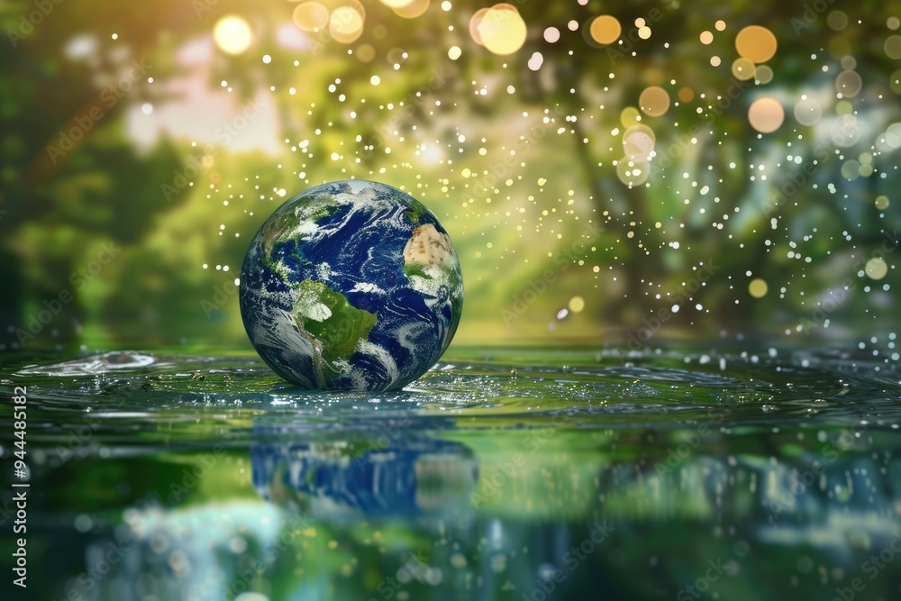 A Globe Floating in a Pool of Water with a Defocused Green Background A Globe Floating in a Pool of Water with a Defocused Green Background