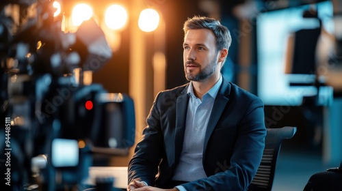 Professional businessman in a suit appears confident and focused during an interview in a modern studio with bright lighting