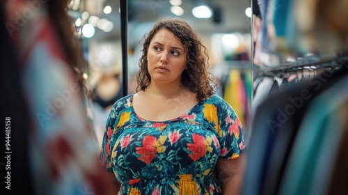 Woman in colorful floral dress looking contemplative in a busy clothing store. Reflecting on fashion choices and personal style amid vibrant fabrics and bustling atmosphere.