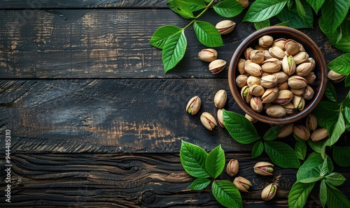 Bowl of fresh pistachios on a rustic wooden table surrounded by green leaves. Free copy space for banner.