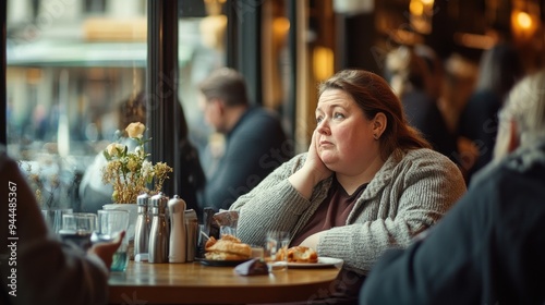 Contemplative moment at a café window with an introspective woman seated alone, surrounded by cozy atmosphere and city life outside.