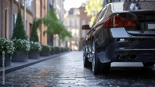 Sleek black luxury car parked on a modern cobblestone street with potted plants in an urban setting