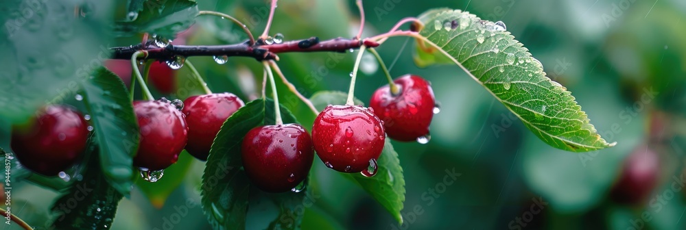 Soft focus on red delicious cherries adorned with dew and raindrops on a branch, surrounded by blurred green leaves. Soft focus on red delicious cherries adorned with dew and raindrops on a branch, surrounded by blurred green leaves.