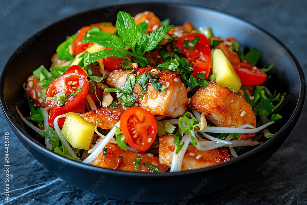A bowl of spicy, tangy Yum Pla Duk Fu, crispy catfish salad with green mango and a spicy dressing A bowl of spicy, tangy Yum Pla Duk Fu, crispy catfish salad with green mango and a spicy dressing