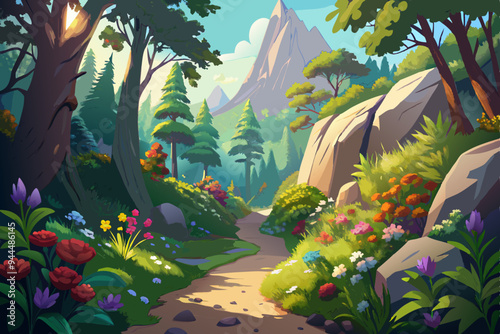 A picturesque forest trail teeming with vibrant greenery and colorful flowers, set against rugged cliffs and dappled sunlight, creates a tranquil and inviting atmosphere.
