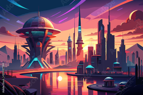 A futuristic city featuring stunning architecture set against a vivid sunset sky, with reflections on water, encapsulating a visionary blend of nature and technology.
