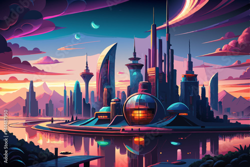 A futuristic city featuring stunning architecture set against a vivid sunset sky, with reflections on water, encapsulating a visionary blend of nature and technology.
